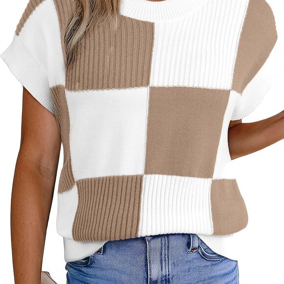 Elegant Dark Khaki Short Sleeve Crewneck Sweater for Trendy Women - Fall 2025 - Picture 1 of 5